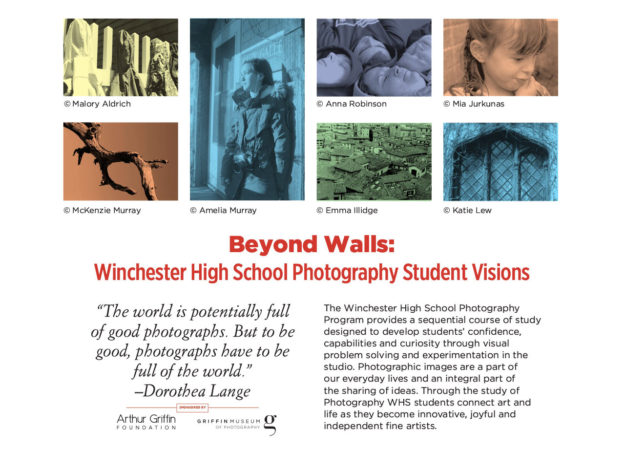A collage of student photos with text below that reads: Beyond Walls: Winchester High School Photography Student Visions.